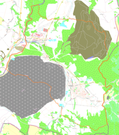 Mapa konturowa Bogatyni, na dole po prawej znajduje się punkt z opisem „Pałac w Bogatyni”