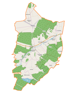 Mapa konturowa gminy Gościeradów, po prawej nieco u góry znajduje się punkt z opisem „Suchodoły”