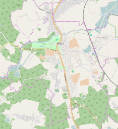 Mapa konturowa Milicza, po prawej znajduje się punkt z opisem „Milicz”