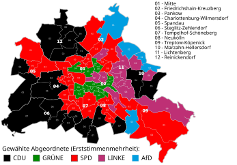 Direkte valgte kandidater. Sort: CDU, grønt: De grønne, rødt: SPD, violet: Die Linke, blåt: AfD