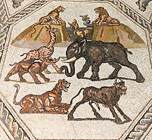 קרנף, ג'ירף, פיל, פר, אריות והיפופוטם בהקשר מיתולוגי בנוף סוואנה אפריקאית בפסיפס בית האמידים הרומי בלוד