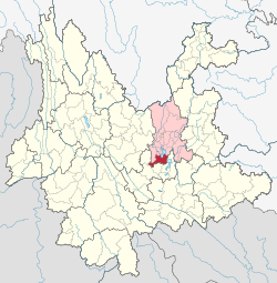 晋宁区（红色）在昆明市（粉色）和云南省的位置
