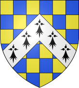 Blason avec un damier jaune et bleu et une bande triangulaire blanche avec des hermines noires