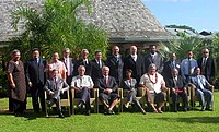 Fiamē Naomi Mataʻafa (standing, far left) at a meeting of Pacific Islands leaders with US Secretary of State Condoleezza Rice (center), in Samoa, 26 July 2008