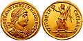 Image 77Solidus issued under Constantine II, and on the reverse Victoria, one of the last deities to appear on Roman coins, gradually transforming into an angel under Christian rule (from Roman Empire)