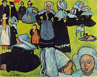 Émile Bernard, Bretonsk kvinne i engen,  august 1888. Bernard utvekslet dette med Gauguin som brakte det til Arles høstenn 1888 da han slo seg sammen med Van Gogh, som ble begeistret for stilen. Van Gogh malte en kopi i akvarell for å fortelle sin bror Theo om den.