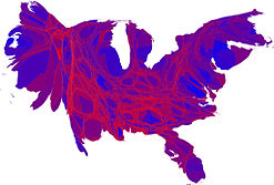 Cartogram of popular vote with each county rescaled in proportion to its population. Deeper blue represents a Democratic majority; brighter red represents a Republican majority.[172]