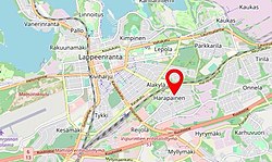 Kaupungin kartta, jossa Harapainen korostettuna. Lappeenrannan alueellinen jako