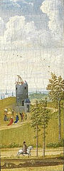 Detail of the tower seen through the open window. This tiny detail identifies the woman with the legend of Saint Barbara