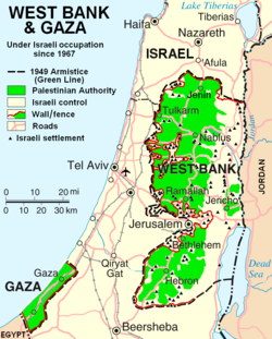 Kort med fokus på Vestbredden og Gaza-striben Grønne områder er palæstinensiske, 2007