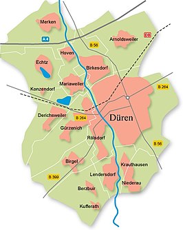 Kaart der stadsdelen van Düren