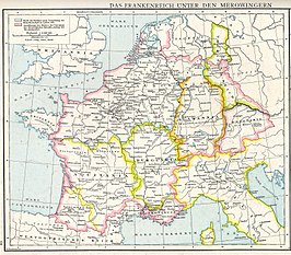 Thüringen rechtsboven in groen, ca. 486. De roze lijn geeft de grens van het Frankische Rijk rond 700 aan.