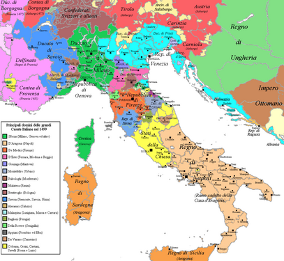 Estados da península Itálica por volta do final do século XV. Monferrato em marrom