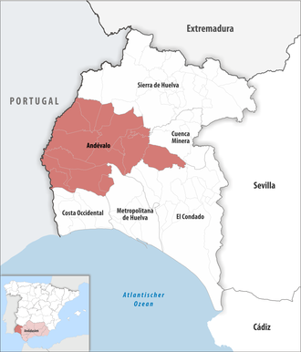 Die Lage der Comarca Andévalo in der Provinz Huelva