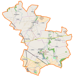 Mapa konturowa gminy Mściwojów, blisko centrum na prawo znajduje się punkt z opisem „Zamek w Luboradzu”