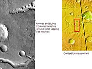 Nirgal Vallis, що простягається у двох квадранглах, має деталі, які виглядають як такі, що сформувались у результаті просочування підземних вод. Зображення виконане THEMIS.