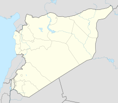 Mapa konturowa Syrii, po lewej nieco u góry znajduje się punkt z opisem „Umm Turajkijja al-Kiblijja”