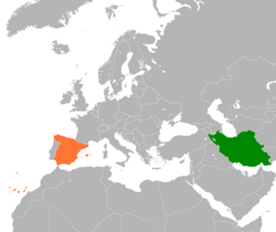 Map indicating locations of Iran and Spain