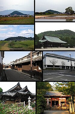 Kiri:Gunung Unebi, Gunung Amanokaga, tapak rumah lama warisan Imai, Kuil Ofusa Kannon, Kanan:Gunung Miminashi, Kuil Kashihara, Arkeologi Kashihara, Institut, Kuil Unebi-yamaguchi (semua item dari atas ke bawah)