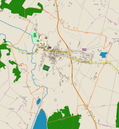 Mapa konturowa Klimontowa, w centrum znajduje się punkt z opisem „Synagoga w Klimontowie”