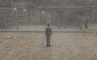 Un exemple de vue à la première personne (en haut) qui s'oppose à la vue à la troisième personne (en bas), ici dans le jeu Sherlock Holmes contre Jack l'Éventreur.