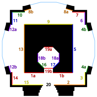 Coit Tower rotunda floor plan and murals, numbered 1 through 20