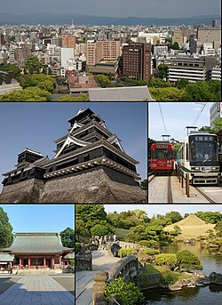 From top left:Central Kumamoto view from Kumamoto Castle, Kumamoto Castle, Kumamoto City Tramway, Fujisaki hachimangu shrine, Suizenji jojuen