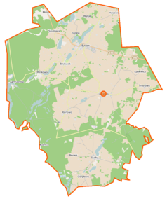Mapa konturowa gminy Lubiewo, blisko centrum na lewo znajduje się punkt z opisem „Klonowo”