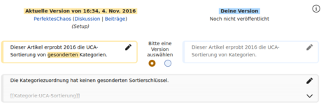 Bild 1: Oberfläche zum Lösen eines Bearbeitungskonfliktes auf einer Artikelseite (aktuell als Betafunktion verfügbar). Textabschnitte, in denen ein Bearbeitungskonflikt auftritt, sind gegenübergestellt. Hier kann ich mich abschnittsweise für einen der beiden Textabschnitte entscheiden und diesen bearbeiten.