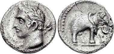 Quarter shekel, possibly Spain (Hannibal as young Melqart/war elephant).[31]