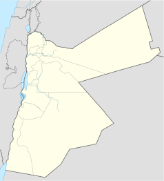 Mapa konturowa Jordanii, po lewej nieco na dole znajduje się punkt z opisem „Asz-Szaubak”