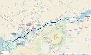 Map showing the path of water flowing in the Dnieper River downstream of the Nova Kakhovka dam in Ukraine.