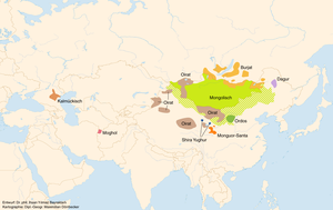 Topographic map showing Asia as centered on modern-day Mongolia and Kazakhstan. Areas are marked in multiple colors and attributed some of the language names of Mongolic languages. The extent of the colored area is somewhat less than in the previous map.