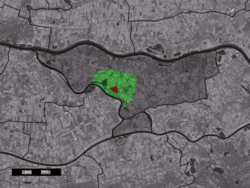 The village centre (red) and the statistical district (light green) of Aalst in the municipality of Zaltbommel.