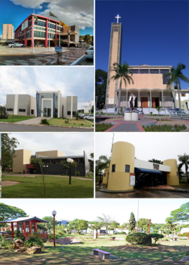 Do topo, em sentido horário: Prefeitura Municipal; Paróquia São Sebastião; Museu Histórico de Paranavaí; Praça Japão (Praça do Japonês); Teatro Municipal Dr. Altino Afonso Costa e Universidade Estadual do Paraná (UNESPAR)