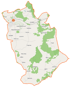 Mapa konturowa gminy Mrozy, u góry po lewej znajduje się punkt z opisem „Mrozy”