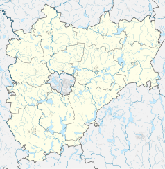 Mapa konturowa powiatu olsztyńskiego, na dole po lewej znajduje się punkt z opisem „Olsztynek”