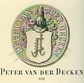 Siegel des Peter von der Decken aus dem Jahr 1591. Peter lebte von 1539 bis 1619 und ist der Sohn von Hermann einem Bürgermeister von Stade und dem Stifter der ersten Linie. Peter hatte die Güter Kampe, Oerichsheil, Ritterhof und Wechtern. Diese Form des Wappens von 1591 hat sich bis heute erhalten.