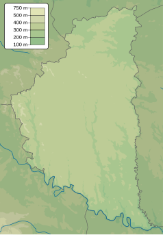 Mapa konturowa obwodu tarnopolskiego, na dole znajduje się punkt z opisem „źródło”, natomiast blisko dolnej krawiędzi nieco na prawo znajduje się punkt z opisem „ujście”