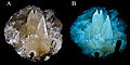 Calcit bei Tageslicht (A) und unter UV-Licht (B)