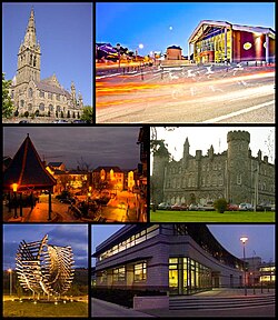 From top, left to right: St. Eunan's Cathedral, An Grianán Theatre, Market Square, St. Eunan's College, Polestar Roundabout, Letterkenny Institute of Technology.