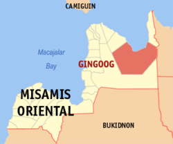 Mapa ng Misamis Oriental na nagpapakita ng lokasyon ng Gingoog.