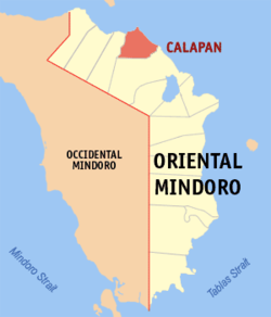 Mapa ng Oriental Mindoro na ipinakikita ang lokasyon ng Lungsod ng Calapan.