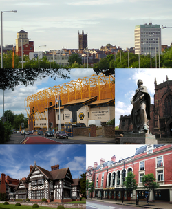 Wolverhamptonin keskustan siluetti; Molineux Stadium; Wulfrunin patsas; Wightwick Manor; Grand Theatre.
