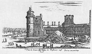 Demolition of the north wing of the old Louvre Castle with the northeast tower still intact, engraving by Israël Silvestre