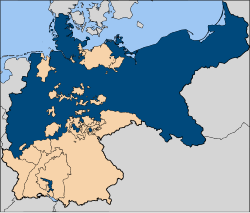 1870 yılında Prusya (mavi), Kuzey Almanya Konfederasyonu'nu yöneten devlet olarak.