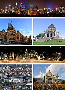 Topp: Melbourne City Centre, mitten/vänster: Flinders Street Station, mitten/höger: Shrine of Remembrance, mitten: Federation Square, nere/vänster: Melbourne Cricket Ground, nere/höger: Royal Exhibition Building.