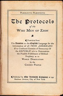 The title page to the 1920 Beckwith edition of the Protocols of the Elders of Zion. This says: "Præmonitus præmunitus. The protocols of the wise men of Zion, translated from the Russian to the English language for the information of all true Americans & to confound enemies of democracy & the republic, also to demonstrate the possible fulfillment of Biblical prophecy as to world domination by the Chosen people"