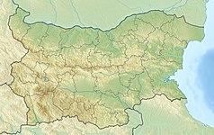 Mapa konturowa Bułgarii, po lewej nieco na dole znajduje się czarny trójkącik z opisem „Musała”