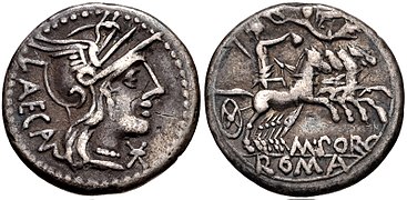 125 BC, M. Porcius Laeca (Roma/Libertas in quadriga, holding pileus and crowned by Victory).